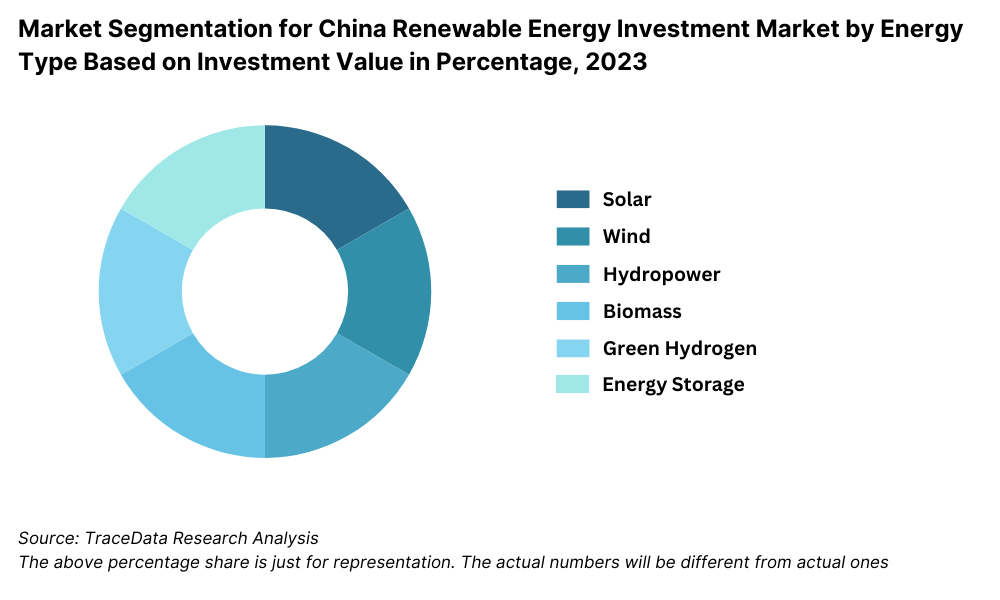 Market Segmentation for China Renewable Energy Investment Market by Energy Type Based on Investment Value in Percentage, 2023